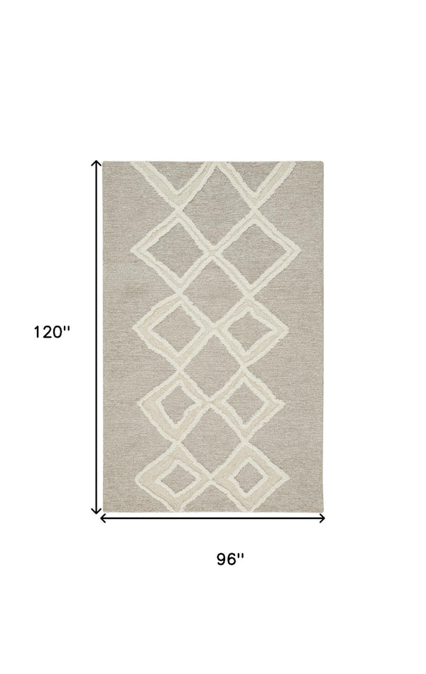 HomeRoots 4' Gray and Ivory Wool Geometric Handmade Area Rug - Stain Resistant, Soft, and Stylish for Any Room 8' X 10' 512790