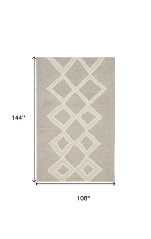 HomeRoots 4' Gray and Ivory Wool Geometric Handmade Area Rug - Stain Resistant, Soft, and Stylish for Any Room 9' X 12' 512791