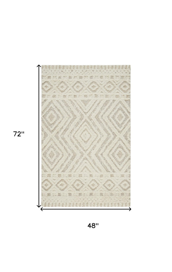 HomeRoots 4' Modern Ivory and Tan Geometric Wool Area Rug - Handmade, Stain-Resistant, Perfect for Family Spaces! 4' X 6' 512795