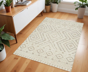 HomeRoots 4' Modern Ivory and Tan Geometric Wool Area Rug - Handmade, Stain-Resistant, Perfect for Family Spaces! 4' X 6' 512795