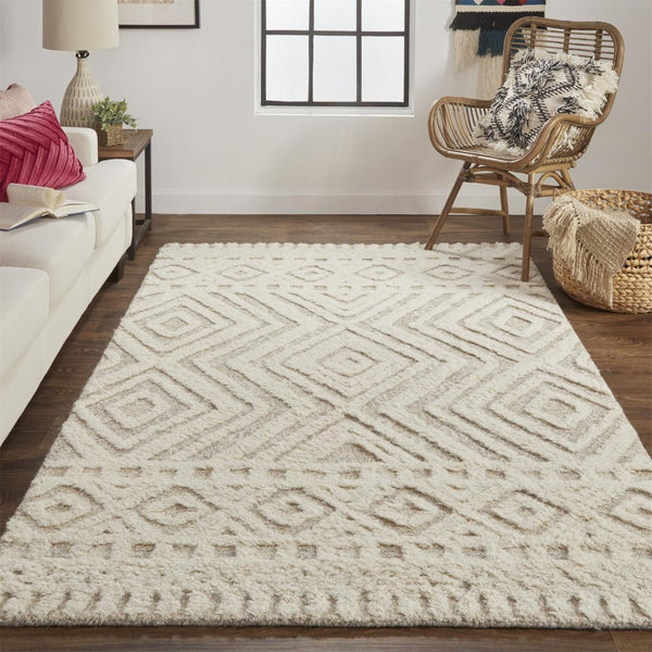 HomeRoots 4' Modern Ivory and Tan Geometric Wool Area Rug - Handmade, Stain-Resistant, Perfect for Family Spaces! 4' X 6' 512795