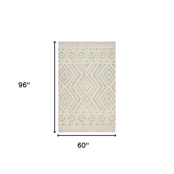 HomeRoots 4' Modern Ivory and Tan Geometric Wool Area Rug - Handmade, Stain-Resistant, Perfect for Family Spaces! 5' X 8' 512796