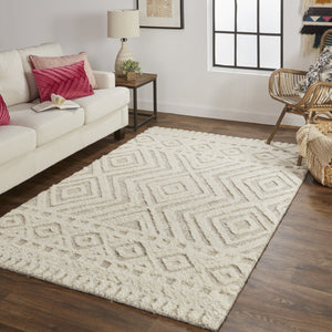 HomeRoots 4' Modern Ivory and Tan Geometric Wool Area Rug - Handmade, Stain-Resistant, Perfect for Family Spaces! 5' X 8' 512796