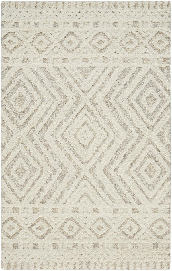 HomeRoots 4' Modern Ivory and Tan Geometric Wool Area Rug - Handmade, Stain-Resistant, Perfect for Family Spaces! 9' X 12' 512798