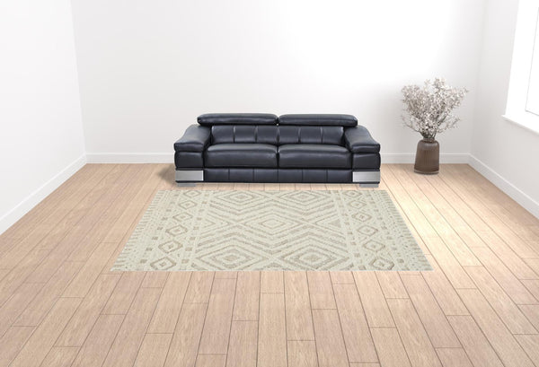 HomeRoots 4' Modern Ivory and Tan Geometric Wool Area Rug - Handmade, Stain-Resistant, Perfect for Family Spaces! 9' X 12' 512798