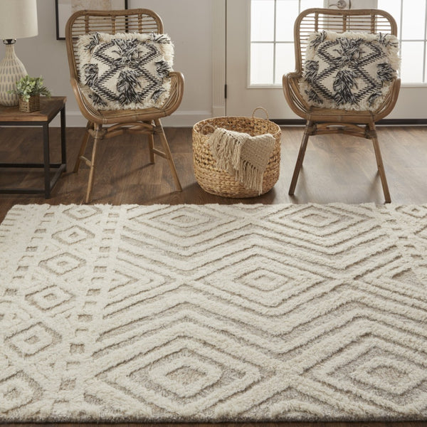HomeRoots 4' Modern Ivory and Tan Geometric Wool Area Rug - Handmade, Stain-Resistant, Perfect for Family Spaces! 10' X 14' 512799