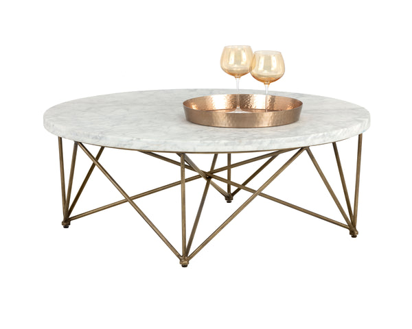 Sunpan Skyy Coffee Table - Elegant Carrara Marble Design with Antique Brass Frame for Modern Spaces Round - 40W x 40D x 15H