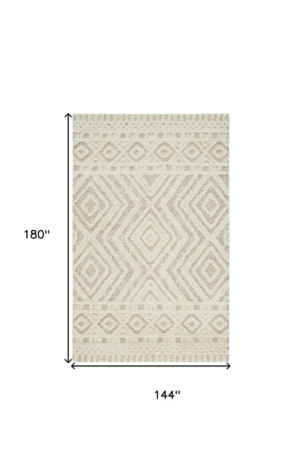 HomeRoots 4' Modern Ivory and Tan Geometric Wool Area Rug - Handmade, Stain-Resistant, Perfect for Family Spaces! 12' X 15' 512800