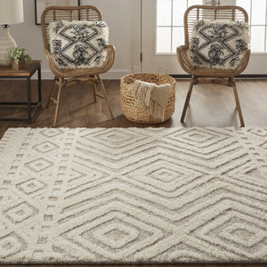 HomeRoots 4' Modern Ivory and Tan Geometric Wool Area Rug - Handmade, Stain-Resistant, Perfect for Family Spaces! 12' X 15' 512800