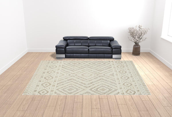 HomeRoots 4' Modern Ivory and Tan Geometric Wool Area Rug - Handmade, Stain-Resistant, Perfect for Family Spaces! 12' X 15' 512800