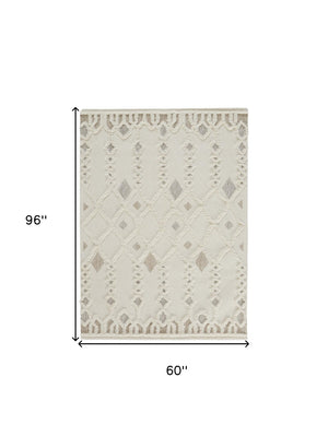 HomeRoots 4' Handmade Wool Tufted Area Rug in Ivory Tan and Silver - Modern Geometric, Stain-Resistant Design 5' X 8' 512803