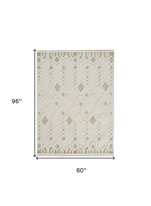 HomeRoots 4' Handmade Wool Tufted Area Rug in Ivory Tan and Silver - Modern Geometric, Stain-Resistant Design 5' X 8' 512803