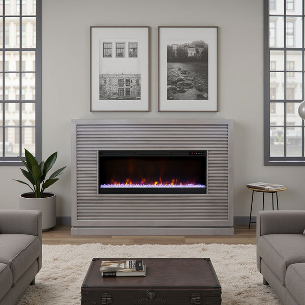 English Elm Riviera 64" Fireplace Mantel with 42" Electric Insert, Poplar & Okume Veneer, Bourbon Finish, Remote Control Grey B108P364427