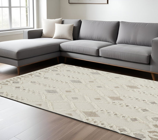 HomeRoots 4' Handmade Wool Tufted Area Rug in Ivory Tan and Silver - Modern Geometric, Stain-Resistant Design 8' X 10' 512804