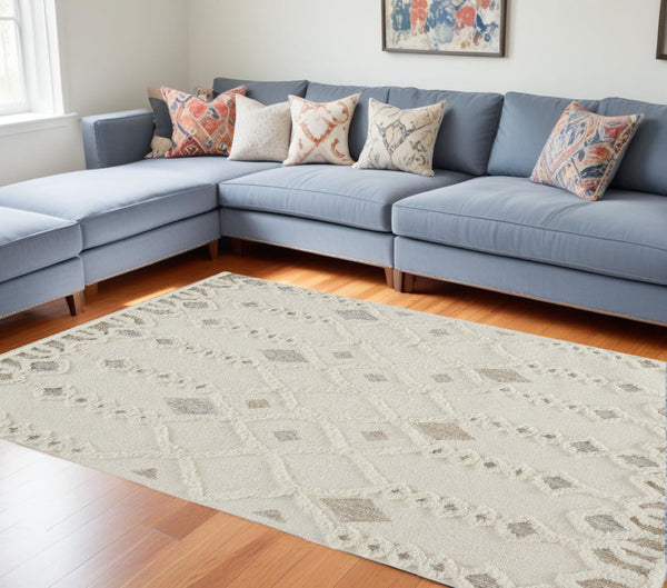 HomeRoots 4' Handmade Wool Tufted Area Rug in Ivory Tan and Silver - Modern Geometric, Stain-Resistant Design 10' X 14' 512806