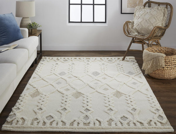 HomeRoots 4' Handmade Wool Tufted Area Rug in Ivory Tan and Silver - Modern Geometric, Stain-Resistant Design 10' X 14' 512806