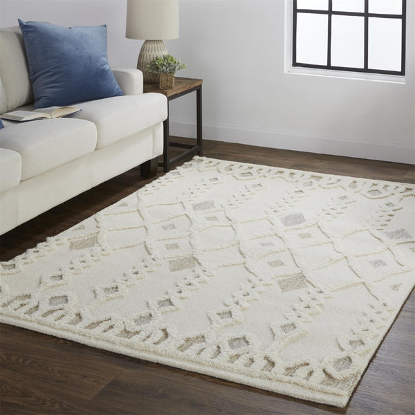 HomeRoots 4' Handmade Wool Tufted Area Rug in Ivory Tan and Silver - Modern Geometric, Stain-Resistant Design 10' X 14' 512806