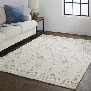 HomeRoots 4' Handmade Wool Tufted Area Rug in Ivory Tan and Silver - Modern Geometric, Stain-Resistant Design 12' X 15' 512807