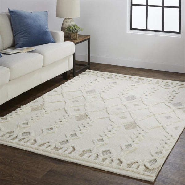 HomeRoots 4' Handmade Wool Tufted Area Rug in Ivory Tan and Silver - Modern Geometric, Stain-Resistant Design 12' X 15' 512807
