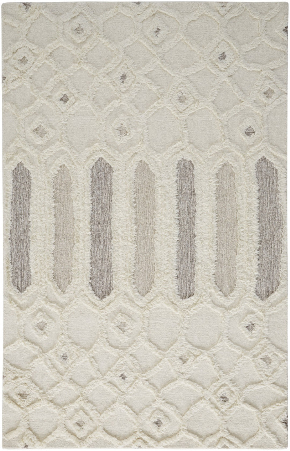 HomeRoots 5' Handmade Wool Geometric Area Rug - Modern Ivory Taupe Tan Design, Stain-Resistant & Durable 5' X 8' 512810