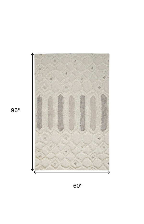 HomeRoots 5' Handmade Wool Geometric Area Rug - Modern Ivory Taupe Tan Design, Stain-Resistant & Durable 5' X 8' 512810