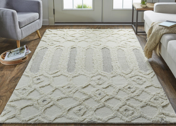 HomeRoots 5' Handmade Wool Geometric Area Rug - Modern Ivory Taupe Tan Design, Stain-Resistant & Durable 8' X 10' 512811