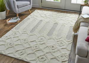 HomeRoots 5' Handmade Wool Geometric Area Rug - Modern Ivory Taupe Tan Design, Stain-Resistant & Durable 9' X 12' 512812