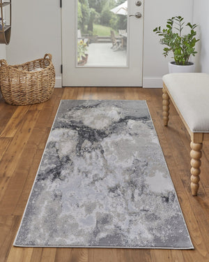 HomeRoots 4' Modern Abstract Area Rug in Ivory, Black & Gray – Durable, Stain-Resistant Design for Any Space 8' Runner 512840