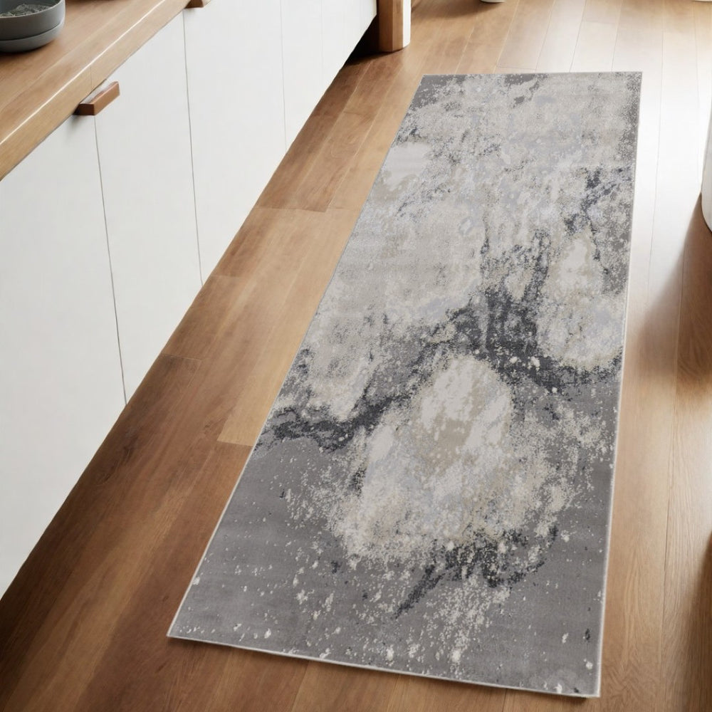 HomeRoots 4' Modern Abstract Area Rug in Ivory, Black & Gray – Durable, Stain-Resistant Design for Any Space 8' Runner 512840