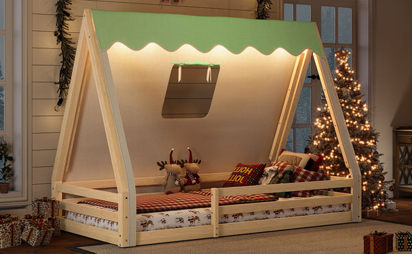 English Elm Twin Montessori Floor Bed Solid Pine Teepee Frame with Guardrails and Canopy Light W1580P369466