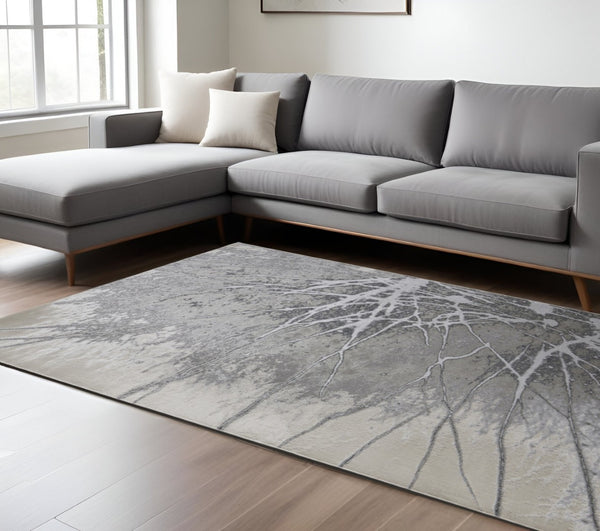 HomeRoots 4' Gray and Ivory Abstract Area Rug - Modern Power Loomed Design with Non-Skid Backing for Safety 8' X 10' 512872