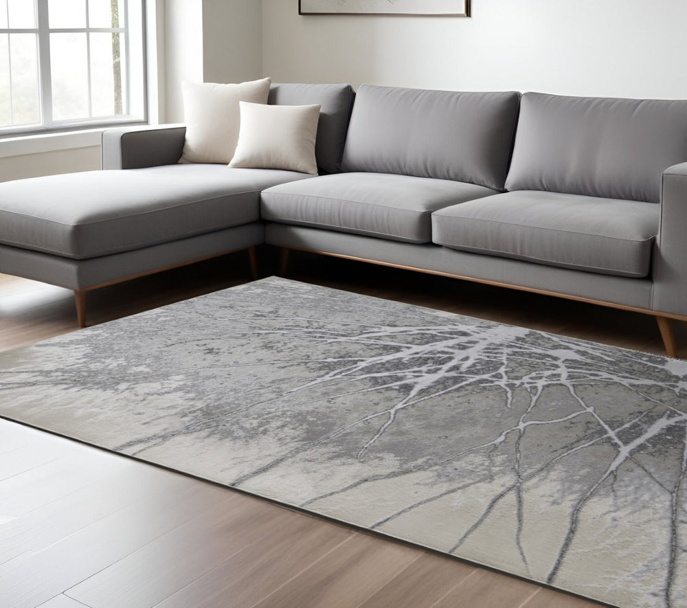 HomeRoots 4' Gray and Ivory Abstract Area Rug - Modern Power Loomed Design with Non-Skid Backing for Safety 7' X 10' 512873