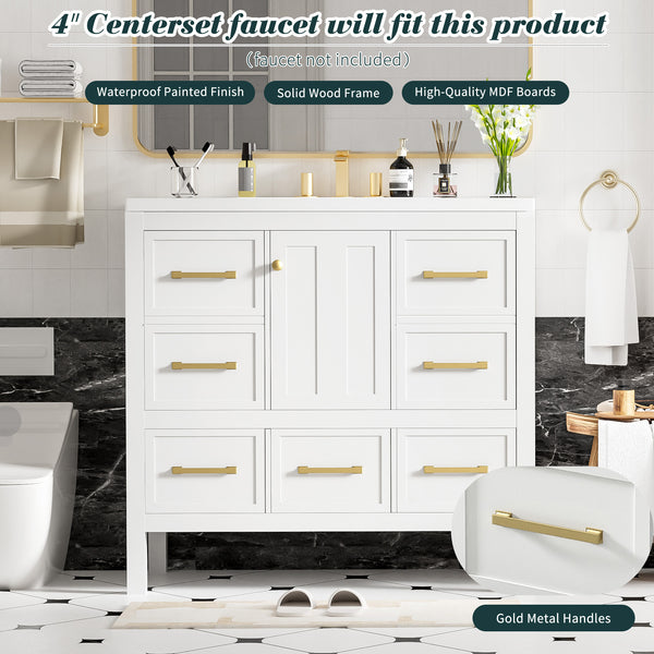 English Elm 36'' Bathroom Vanity with Resin Sink, Solid Wood Frame, 5 Drawers, Soft-Close Doors, Gold Knobs, Spacious Storage White SW000142AAK-1