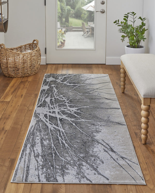 HomeRoots 4' Gray and Ivory Abstract Area Rug - Modern Power Loomed Design with Non-Skid Backing for Safety 8' Runner 512876