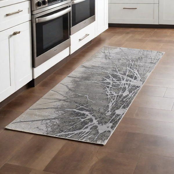 HomeRoots 4' Gray and Ivory Abstract Area Rug - Modern Power Loomed Design with Non-Skid Backing for Safety 8' Runner 512876