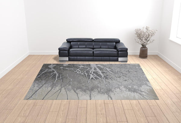 HomeRoots 4' Gray and Ivory Abstract Area Rug - Modern Power Loomed Design with Non-Skid Backing for Safety 12' x 15' 512877