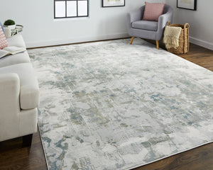 HomeRoots 5' Abstract Distressed Area Rug in Green, Gray, and Ivory - Stain-Resistant for High-Traffic Spaces 5' X 8' 512880