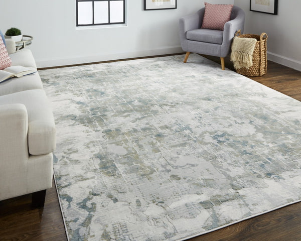 HomeRoots 5' Abstract Distressed Area Rug in Green, Gray, and Ivory - Stain-Resistant for High-Traffic Spaces 5' X 8' 512880