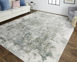 HomeRoots 5' Abstract Distressed Area Rug in Green, Gray, and Ivory - Stain-Resistant for High-Traffic Spaces 5' X 8' 512880