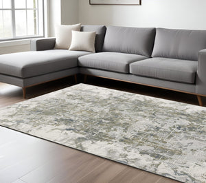 HomeRoots 5' Abstract Distressed Area Rug in Green, Gray, and Ivory - Stain-Resistant for High-Traffic Spaces 8' X 10' 512881