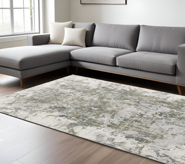 HomeRoots 5' Abstract Distressed Area Rug in Green, Gray, and Ivory - Stain-Resistant for High-Traffic Spaces 8' X 10' 512881
