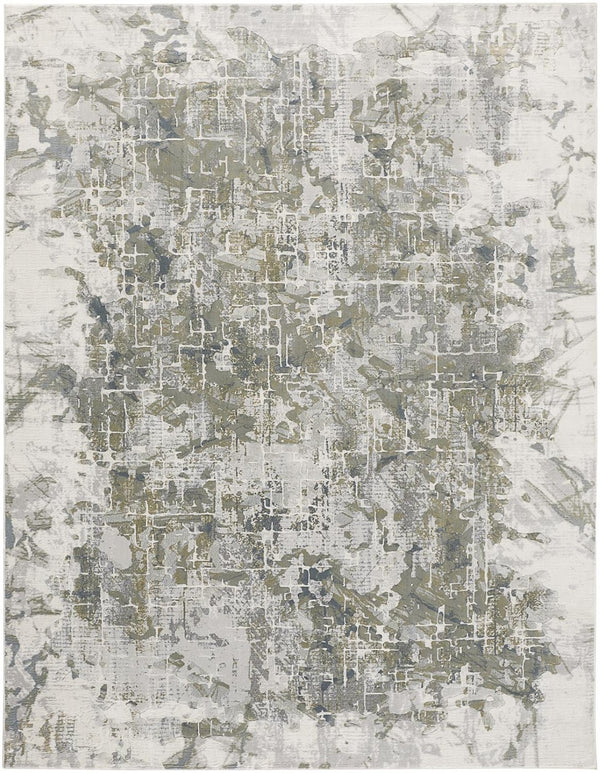 HomeRoots 5' Abstract Distressed Area Rug in Green, Gray, and Ivory - Stain-Resistant for High-Traffic Spaces 10' X 13' 512882