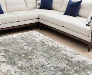 HomeRoots 5' Abstract Distressed Area Rug in Green, Gray, and Ivory - Stain-Resistant for High-Traffic Spaces 10' X 13' 512882