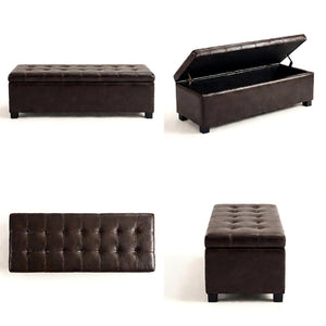 English Elm Storage Bench Tufted Upholstered Entryway Seat with Hinged Lid and Wooden Legs W5325P423784