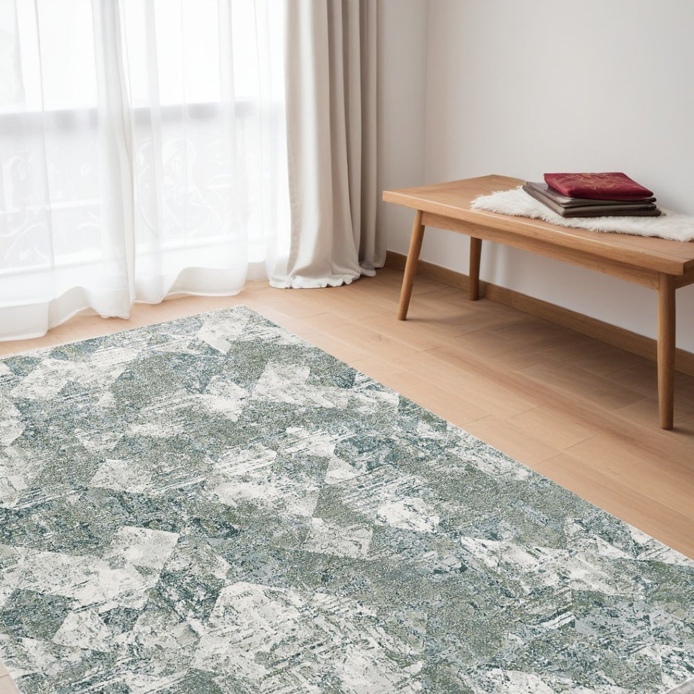 HomeRoots 5' Timeless Green and Ivory Patchwork Area Rug - Durable, Stain-Resistant, Vintage Charm for Any Room 5' X 8' 512901