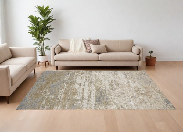 HomeRoots 4' Modern Abstract Area Rug in Ivory, Gold & Gray - Stylish, Durable Design for Any Room Decor 10' X 13' 512923