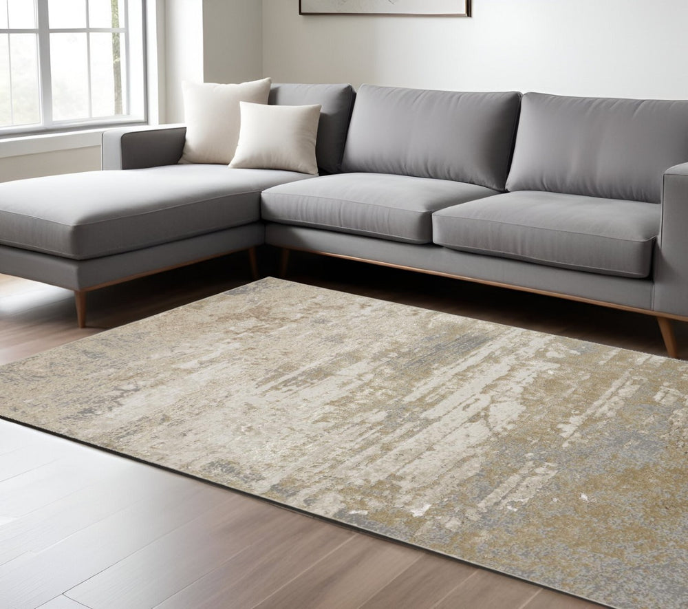 HomeRoots 4' Modern Abstract Area Rug in Ivory, Gold & Gray - Stylish, Durable Design for Any Room Decor 12' X 15' 512925