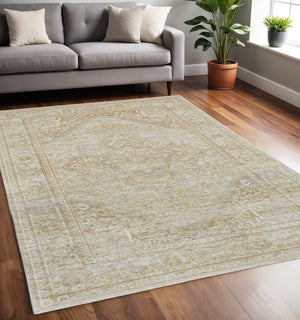 HomeRoots 4' Gold and Ivory Floral Medallion Area Rug - Timeless Elegance for Any Room with Durable Quality 5' X 8' 512939