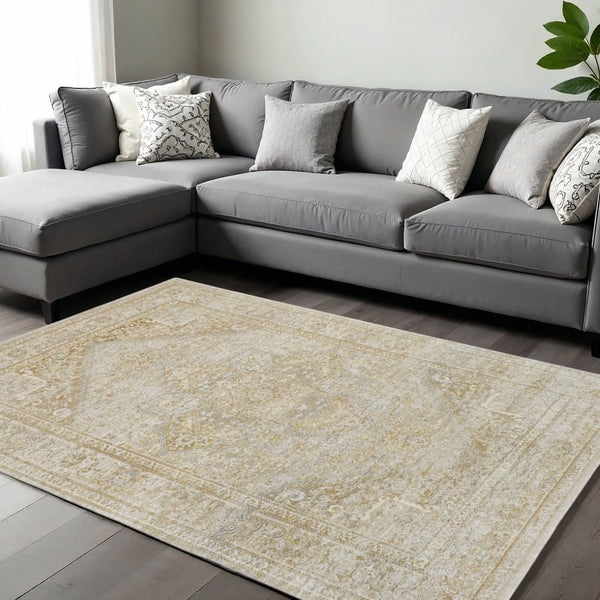 HomeRoots 4' Gold and Ivory Floral Medallion Area Rug - Timeless Elegance for Any Room with Durable Quality 10' X 13' 512943