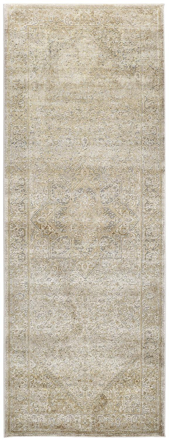 Homeroots 8' Gold And Ivory Medallion Power Loom Runner Rug  Polypropylene,Polyester 512944